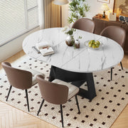 Hawsaiy Extendable Round to Oval Dining Table Set for 4, Space-Saving Wooden Table with Hidden Storage, Expandable Dining Table with Faux Leather Chairs