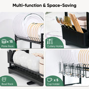 Kerilyn Dish Drying Rack, 2-Tier Land Stainless Steel Kitchen Organizer with Drain Board & Utensil Holders，Removable & Multifunctional Large Capacity Storage Rack for Kitchen Counter, Midnight