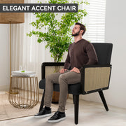 Nalupatio Rattan Accent Chair, Linen Fabric Upholstered Armchair with Wood Legs, Mid Century Modern Reading Comfy Lounge Chair with Spring Support, for Living Room Bedroom,Brown