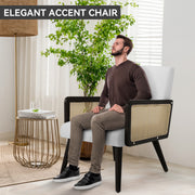 Nalupatio Rattan Accent Chair, Linen Fabric Upholstered Armchair with Wood Legs, Mid Century Modern Reading Comfy Lounge Chair with Spring Support, for Living Room Bedroom,Brown