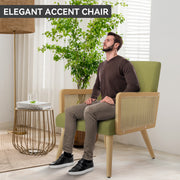Nalupatio Rattan Accent Chair, Linen Fabric Upholstered Armchair with Wood Legs, Mid Century Modern Reading Comfy Lounge Chair with Spring Support, for Living Room Bedroom,Brown