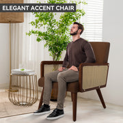 Nalupatio Rattan Accent Chair, Linen Fabric Upholstered Armchair with Wood Legs, Mid Century Modern Reading Comfy Lounge Chair with Spring Support, for Living Room Bedroom,Brown