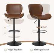 Nalupatio Swivel Bar Stools Set of 2,PU Leather Upholstered Barstools with Back & Footrest, Seat Adjustable Height 22.2-31IN Counter Height Bar Chairs for Bar Kitchen Island,Whiskey Brown