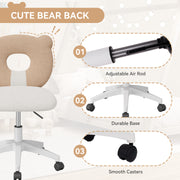 Nalupatio Bear Kids Desk Chair with Wheels& Back, Adjustable Armless Child Study Chair, Cute Teddy Fabric Office Chair, Vanity Makeup Chair for Girl & Lady in Bedroom Reading Living Room,Beige