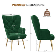 Nalupatio Mid Century Modern Velvet Accent Chair, Tufted Button Wingback Chair, Upholstered Armchair with Metal Legs, High Back Side Chair for Living Room Bedroom, Grey