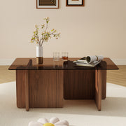 Hawsaiy Modern Glass Coffee Table with Wooden Base, Stylish End Table for Living Room & Office, Natural(23.6