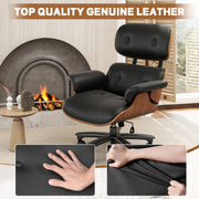 Hawsaiy Genuine Leather Office Chair with Solid Wood, Eames Style Swivel Ergonomic Desk Chair with Silent Wheels，Black