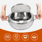 Kerilyn Deep Fryer Pot, 9.4 Inch/3.4 L Janpanese Style Tempura Frying Pot with Lid, 304 Stainless Steel with Temperature Control and Oil Drip Drainer Rack, for Kitchen French Fries, Chicken etc