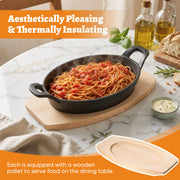 Hawsaiy 2/4 Pcs Cast Iron Grill Pan with Wooden Tray, Oval Sizzling Plate with Binaural Handles, Non-Stick & Heat Resistant Skillet for Steak, Fish & Vegetables