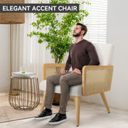 Nalupatio Rattan Accent Chair, Linen Fabric Upholstered Armchair with Wood Legs, Mid Century Modern Reading Comfy Lounge Chair with Spring Support, for Living Room Bedroom,Brown