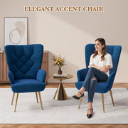 Nalupatio Mid Century Modern Velvet Accent Chair, Tufted Button Wingback Chair, Upholstered Armchair with Metal Legs, High Back Side Chair for Living Room Bedroom, Grey