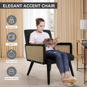 Nalupatio Rattan Accent Chair, Linen Fabric Upholstered Armchair with Wood Legs, Mid Century Modern Reading Comfy Lounge Chair with Spring Support, for Living Room Bedroom,Brown