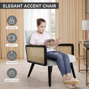 Nalupatio Rattan Accent Chair, Linen Fabric Upholstered Armchair with Wood Legs, Mid Century Modern Reading Comfy Lounge Chair with Spring Support, for Living Room Bedroom,Brown