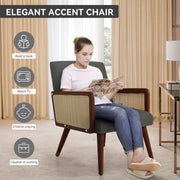 Nalupatio Rattan Accent Chair, Linen Fabric Upholstered Armchair with Wood Legs, Mid Century Modern Reading Comfy Lounge Chair with Spring Support, for Living Room Bedroom,Brown