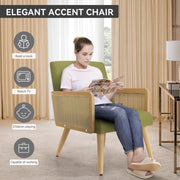 Nalupatio Rattan Accent Chair, Linen Fabric Upholstered Armchair with Wood Legs, Mid Century Modern Reading Comfy Lounge Chair with Spring Support, for Living Room Bedroom,Brown