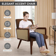 Nalupatio Rattan Accent Chair, Linen Fabric Upholstered Armchair with Wood Legs, Mid Century Modern Reading Comfy Lounge Chair with Spring Support, for Living Room Bedroom,Brown