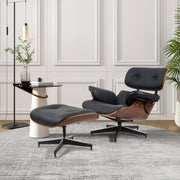 Hawsaiy Mid Century Lounge Chair with Ottoman,Genuine Leather Recliner Chair with Wide Armrest Solid Walnut Wood Accent Chair for Living Room Bedroom Office