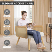 Nalupatio Rattan Accent Chair, Linen Fabric Upholstered Armchair with Wood Legs, Mid Century Modern Reading Comfy Lounge Chair with Spring Support, for Living Room Bedroom,Brown