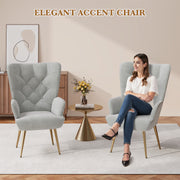 Nalupatio Mid Century Modern Velvet Accent Chair, Tufted Button Wingback Chair, Upholstered Armchair with Metal Legs, High Back Side Chair for Living Room Bedroom, Grey