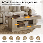 Hawsaiy Farmhouse Coffee Table with Storage Shelf & LED Light, 47