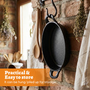 Hawsaiy 2/4 Pcs Cast Iron Grill Pan with Wooden Tray, Oval Sizzling Plate with Binaural Handles, Non-Stick & Heat Resistant Skillet for Steak, Fish & Vegetables