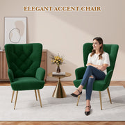 Nalupatio Mid Century Modern Velvet Accent Chair, Tufted Button Wingback Chair, Upholstered Armchair with Metal Legs, High Back Side Chair for Living Room Bedroom, Grey