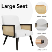 Hawsaiy Rattan Accent Chair, Linen Fabric Upholstered Armchair with Wood Legs, Mid Century Modern Reading Comfy Lounge Chair with Spring Support, for Living Room Bedroom