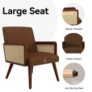 Hawsaiy Rattan Accent Chair, Linen Fabric Upholstered Armchair with Wood Legs, Mid Century Modern Reading Comfy Lounge Chair with Spring Support, for Living Room Bedroom