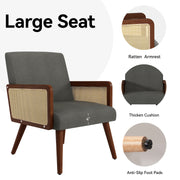 Hawsaiy Rattan Accent Chair, Linen Fabric Upholstered Armchair with Wood Legs, Mid Century Modern Reading Comfy Lounge Chair with Spring Support, for Living Room Bedroom