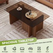 Hawsaiy Modern Glass Coffee Table with Wooden Base, Stylish End Table for Living Room & Office, Natural(23.6