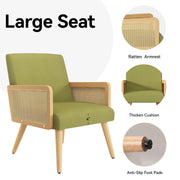 Hawsaiy Rattan Accent Chair, Linen Fabric Upholstered Armchair with Wood Legs, Mid Century Modern Reading Comfy Lounge Chair with Spring Support, for Living Room Bedroom