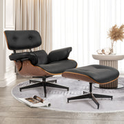 Hawsaiy Mid Century Lounge Chair with Ottoman,PU Leather Recliner Chair with Wide Armrest Solid Walnut Wood Accent Chair for Living Room Bedroom Office