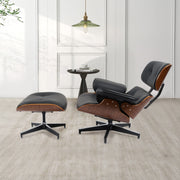 Hawsaiy Mid Century Lounge Chair with Ottoman,Genuine Leather Recliner Chair with Wide Armrest Solid Walnut Wood Accent Chair for Living Room Bedroom Office