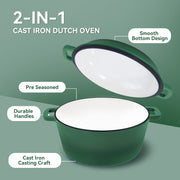 Hawsaiy 2-in-1 Cast Iron Dutch Oven Pot, Enameled Pots with Lid for Bread Baking, Cooking, Stewing, Heavy-Duty & Nonstick, Oven Safe up to 500°F, Dual Handles, Works on All Stovetops