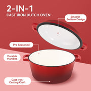 Hawsaiy 2-in-1 Cast Iron Dutch Oven Pot, Enameled Pots with Lid for Bread Baking, Cooking, Stewing, Heavy-Duty & Nonstick, Oven Safe up to 500°F, Dual Handles, Works on All Stovetops