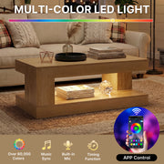 Hawsaiy Farmhouse Coffee Table with Storage Shelf & LED Light, 47