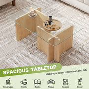 Hawsaiy Modern Glass Coffee Table with Wooden Base, Stylish End Table for Living Room & Office, Natural(23.6