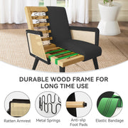 Nalupatio Rattan Accent Chair, Linen Fabric Upholstered Armchair with Wood Legs, Mid Century Modern Reading Comfy Lounge Chair with Spring Support, for Living Room Bedroom,Brown