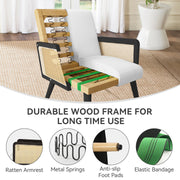 Nalupatio Rattan Accent Chair, Linen Fabric Upholstered Armchair with Wood Legs, Mid Century Modern Reading Comfy Lounge Chair with Spring Support, for Living Room Bedroom,Brown