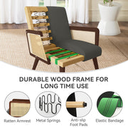 Nalupatio Rattan Accent Chair, Linen Fabric Upholstered Armchair with Wood Legs, Mid Century Modern Reading Comfy Lounge Chair with Spring Support, for Living Room Bedroom,Brown