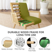 Nalupatio Rattan Accent Chair, Linen Fabric Upholstered Armchair with Wood Legs, Mid Century Modern Reading Comfy Lounge Chair with Spring Support, for Living Room Bedroom,Brown