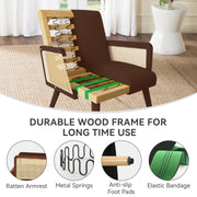 Nalupatio Rattan Accent Chair, Linen Fabric Upholstered Armchair with Wood Legs, Mid Century Modern Reading Comfy Lounge Chair with Spring Support, for Living Room Bedroom,Brown