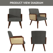 Hawsaiy Rattan Accent Chair, Linen Fabric Upholstered Armchair with Wood Legs, Mid Century Modern Reading Comfy Lounge Chair with Spring Support, for Living Room Bedroom