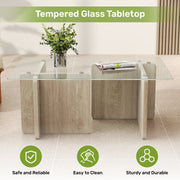 Hawsaiy Modern Glass Coffee Table with Wooden Base, Stylish End Table for Living Room & Office, Natural(23.6