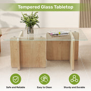 Hawsaiy Modern Glass Coffee Table with Wooden Base, Stylish End Table for Living Room & Office, Natural(23.6