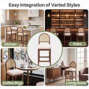 Hawsaiy Farmhouse Rattan Counter Height Bar Stools Set of 2/3/4/6, Chenille Upholstered Kitchen Island Chairs with Solid Wood Frame