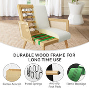 Nalupatio Rattan Accent Chair, Linen Fabric Upholstered Armchair with Wood Legs, Mid Century Modern Reading Comfy Lounge Chair with Spring Support, for Living Room Bedroom,Brown