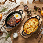 Hawsaiy 2/4 Pcs Cast Iron Grill Pan with Wooden Tray, Oval Sizzling Plate with Binaural Handles, Non-Stick & Heat Resistant Skillet for Steak, Fish & Vegetables