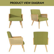 Hawsaiy Rattan Accent Chair, Linen Fabric Upholstered Armchair with Wood Legs, Mid Century Modern Reading Comfy Lounge Chair with Spring Support, for Living Room Bedroom