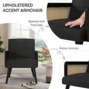 Nalupatio Rattan Accent Chair, Linen Fabric Upholstered Armchair with Wood Legs, Mid Century Modern Reading Comfy Lounge Chair with Spring Support, for Living Room Bedroom,Brown